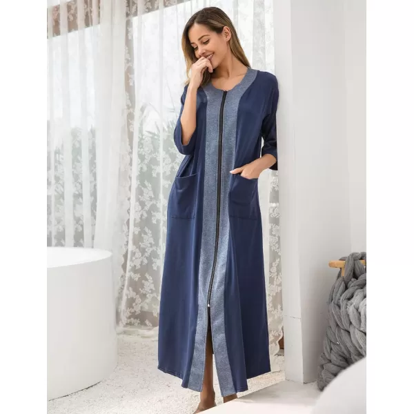 Ekouaer Womens Zipper Robe 34 Sleeve Housecoats Full Length House Dress Loungewear Long Nightgown with PocketsNavy Blue