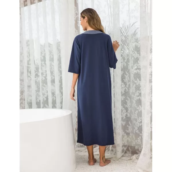 Ekouaer Womens Zipper Robe 34 Sleeve Housecoats Full Length House Dress Loungewear Long Nightgown with PocketsNavy Blue