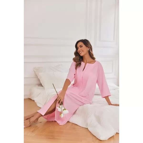Ekouaer Womens Zipper Robe 34 Sleeve Housecoats Full Length House Dress Loungewear Long Nightgown with PocketsPink Rose