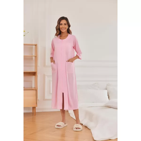 Ekouaer Womens Zipper Robe 34 Sleeve Housecoats Full Length House Dress Loungewear Long Nightgown with PocketsPink Rose
