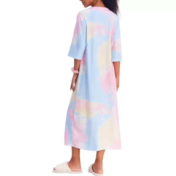 Ekouaer Womens Zipper Robe 34 Sleeve Housecoats Full Length House Dress Loungewear Long Nightgown with PocketsPink Tie Dye