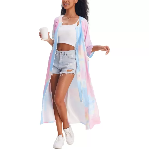 Ekouaer Womens Zipper Robe 34 Sleeve Housecoats Full Length House Dress Loungewear Long Nightgown with PocketsPink Tie Dye