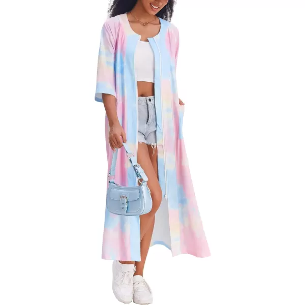 Ekouaer Womens Zipper Robe 34 Sleeve Housecoats Full Length House Dress Loungewear Long Nightgown with PocketsPink Tie Dye