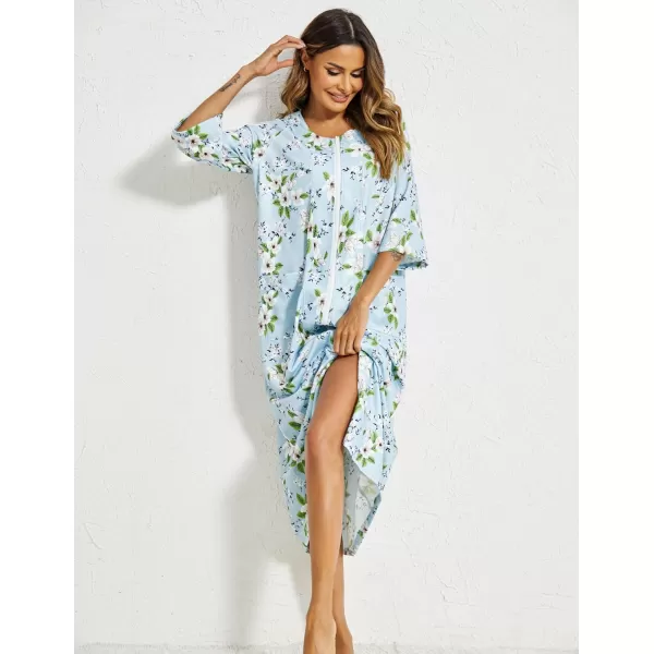 Ekouaer Womens Zipper Robe 34 Sleeve Housecoats Full Length House Dress Loungewear Long Nightgown with PocketsWhite Flower