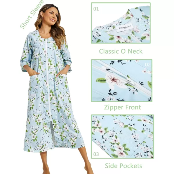 Ekouaer Womens Zipper Robe 34 Sleeve Housecoats Full Length House Dress Loungewear Long Nightgown with PocketsWhite Flower
