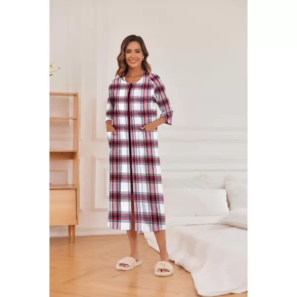 Ekouaer Womens Zipper Robe 34 Sleeve Housecoats Full Length House Dress Loungewear Long Nightgown with PocketsWhite Lattice