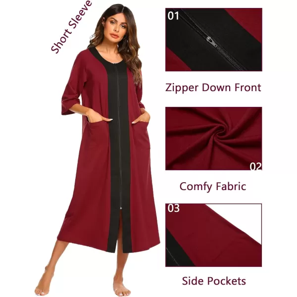 Ekouaer Womens Zipper Robe 34 Sleeve Housecoats Full Length House Dress Loungewear Long Nightgown with PocketsWine Red