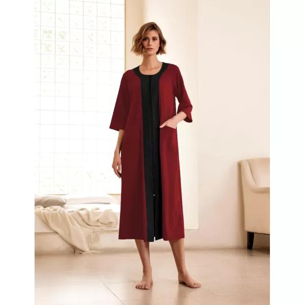 Ekouaer Womens Zipper Robe 34 Sleeve Housecoats Full Length House Dress Loungewear Long Nightgown with PocketsWine Red
