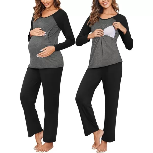 Ekouaer Maternity Pajama Sets Breastfeeding Sleepwear Double Layer Top  Bottom Pregnancy Pjs Nursing SetBlack