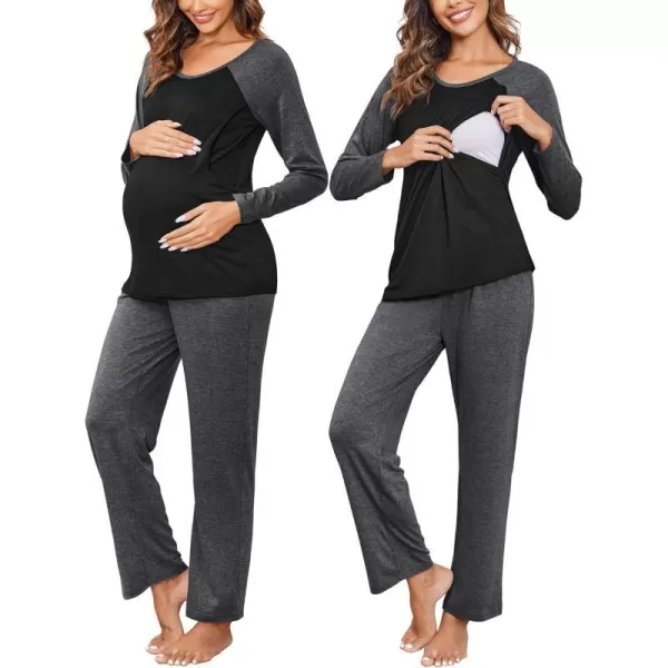 Ekouaer Maternity Pajama Sets Breastfeeding Sleepwear Double Layer Top  Bottom Pregnancy Pjs Nursing SetDark Grey Textile