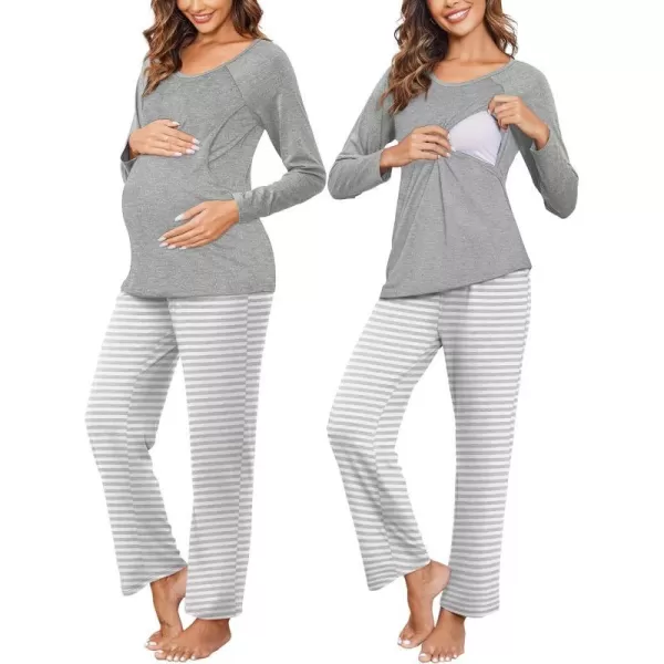 Ekouaer Maternity Pajama Sets Breastfeeding Sleepwear Double Layer Top  Bottom Pregnancy Pjs Nursing SetLight Gray Stripe