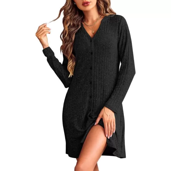 Ekouaer Nightgowns for Women Button Down Night Shirt Long Sleeve Ribbed Knit VNeck Sleepwear Pajama DressBlack