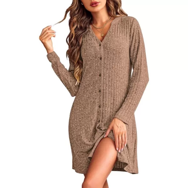 Ekouaer Nightgowns for Women Button Down Night Shirt Long Sleeve Ribbed Knit VNeck Sleepwear Pajama DressBrown