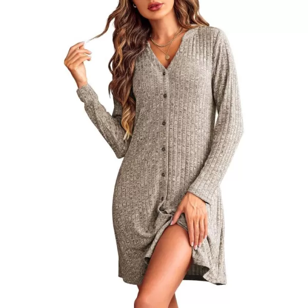 Ekouaer Nightgowns for Women Button Down Night Shirt Long Sleeve Ribbed Knit VNeck Sleepwear Pajama DressCamel