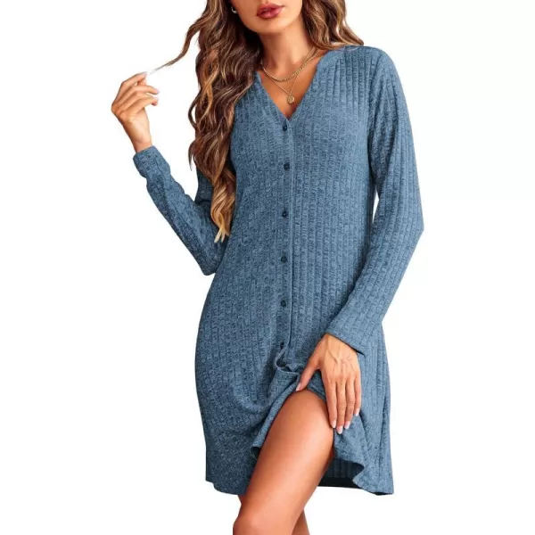 Ekouaer Nightgowns for Women Button Down Night Shirt Long Sleeve Ribbed Knit VNeck Sleepwear Pajama DressDark Blue