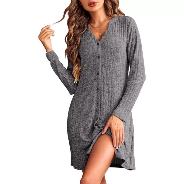 Ekouaer Nightgowns for Women Button Down Night Shirt Long Sleeve Ribbed Knit VNeck Sleepwear Pajama DressDark Grey