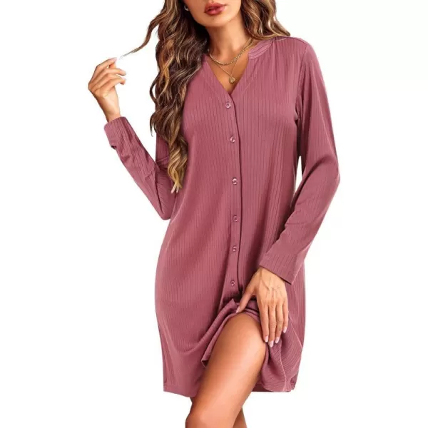 Ekouaer Nightgowns for Women Button Down Night Shirt Long Sleeve Ribbed Knit VNeck Sleepwear Pajama DressDark Pink