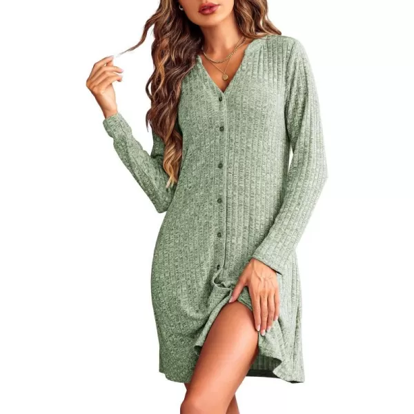 Ekouaer Nightgowns for Women Button Down Night Shirt Long Sleeve Ribbed Knit VNeck Sleepwear Pajama DressGreen