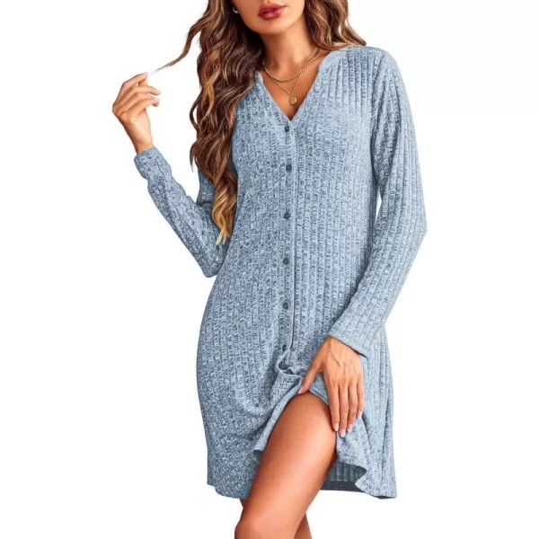 Ekouaer Nightgowns for Women Button Down Night Shirt Long Sleeve Ribbed Knit VNeck Sleepwear Pajama DressLight Blue