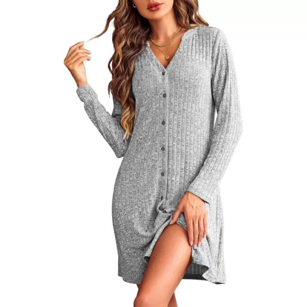 Ekouaer Nightgowns for Women Button Down Night Shirt Long Sleeve Ribbed Knit VNeck Sleepwear Pajama DressLight Grey