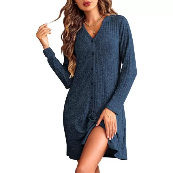 Ekouaer Nightgowns for Women Button Down Night Shirt Long Sleeve Ribbed Knit VNeck Sleepwear Pajama DressNavy