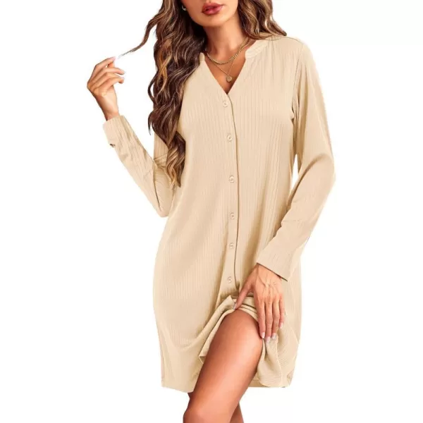 Ekouaer Nightgowns for Women Button Down Night Shirt Long Sleeve Ribbed Knit VNeck Sleepwear Pajama DressNude