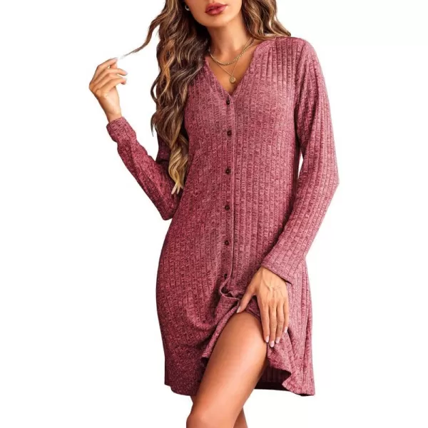 Ekouaer Nightgowns for Women Button Down Night Shirt Long Sleeve Ribbed Knit VNeck Sleepwear Pajama DressWine Red