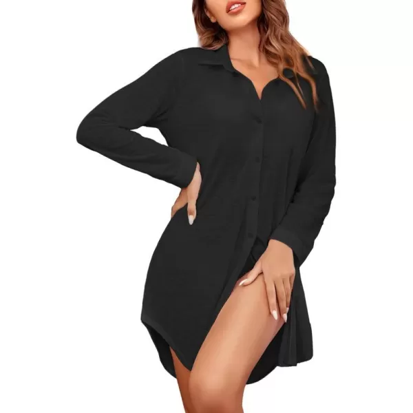 Ekouaer Women Sexy Sleepshirts Button Down Long Sleeve Nightgowns Boyfriend Loose Swimsuit CoverupBlack