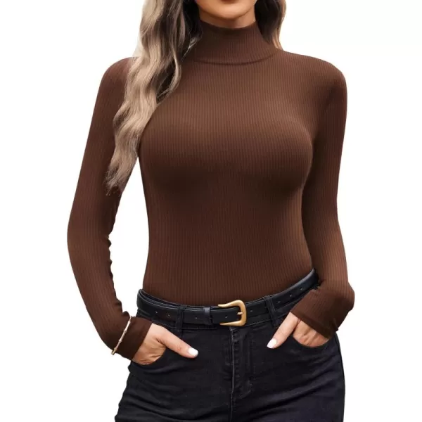 Ekouaer Women Turtleneck Shirt Long Sleeve Layer Tops Basic Ribbed Tees Soft Stretch Thermal Undershirts Lightweight BlouseBrown