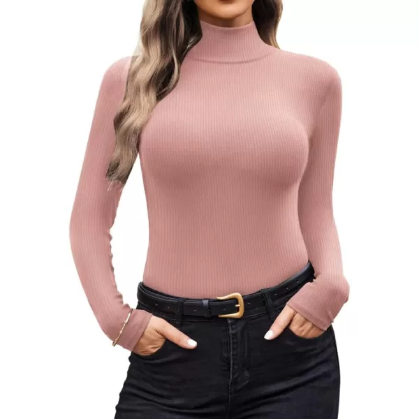 Ekouaer Women Turtleneck Shirt Long Sleeve Layer Tops Basic Ribbed Tees Soft Stretch Thermal Undershirts Lightweight BlouseDirty Pink