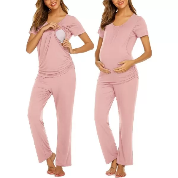 Ekouaer Womens Maternity Nursing Pajama Set Breastfeeding Sleepwear Set Double Layer Short Sleeve Top amp Pants Pregnancy PJSA Dirty Pink