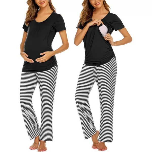 Ekouaer Womens Maternity Nursing Pajama Set Breastfeeding Sleepwear Set Double Layer Short Sleeve Top amp Pants Pregnancy PJSAblack Stripe