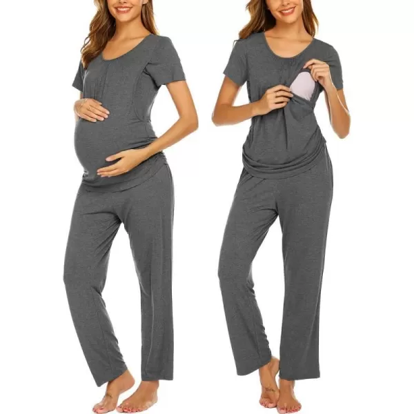 Ekouaer Womens Maternity Nursing Pajama Set Breastfeeding Sleepwear Set Double Layer Short Sleeve Top amp Pants Pregnancy PJSAdark Grey