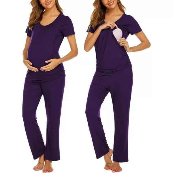 Ekouaer Womens Maternity Nursing Pajama Set Breastfeeding Sleepwear Set Double Layer Short Sleeve Top amp Pants Pregnancy PJSAdark Purple