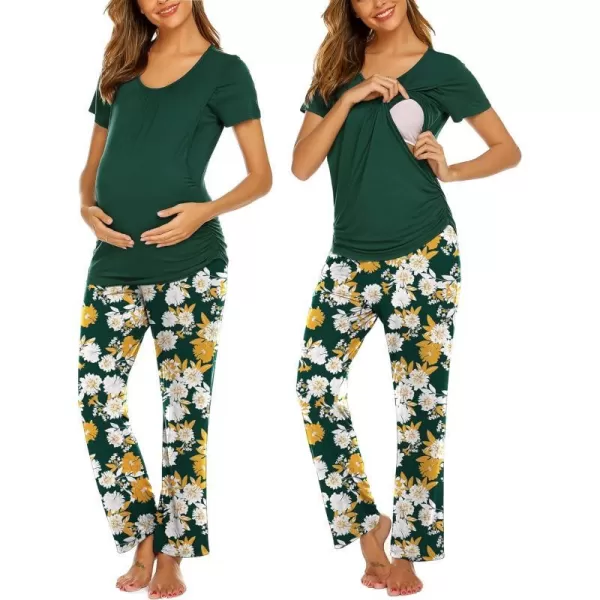 Ekouaer Womens Maternity Nursing Pajama Set Breastfeeding Sleepwear Set Double Layer Short Sleeve Top amp Pants Pregnancy PJSAfloral Green