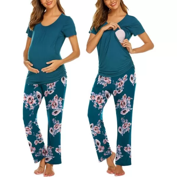 Ekouaer Womens Maternity Nursing Pajama Set Breastfeeding Sleepwear Set Double Layer Short Sleeve Top amp Pants Pregnancy PJSAfloral Teal