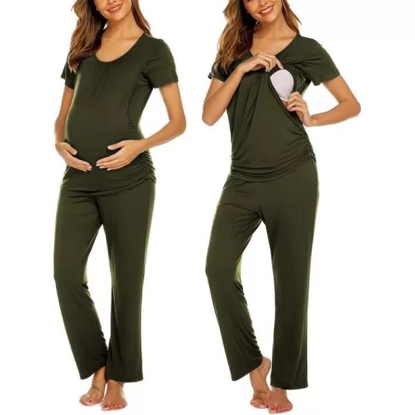 Ekouaer Womens Maternity Nursing Pajama Set Breastfeeding Sleepwear Set Double Layer Short Sleeve Top amp Pants Pregnancy PJSAgreen Army