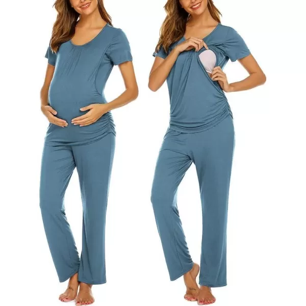 Ekouaer Womens Maternity Nursing Pajama Set Breastfeeding Sleepwear Set Double Layer Short Sleeve Top amp Pants Pregnancy PJSAgrey Blue