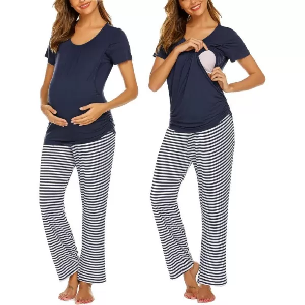 Ekouaer Womens Maternity Nursing Pajama Set Breastfeeding Sleepwear Set Double Layer Short Sleeve Top amp Pants Pregnancy PJSAnavy Blue Stripe