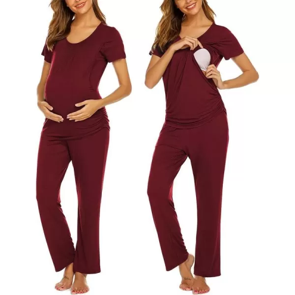 Ekouaer Womens Maternity Nursing Pajama Set Breastfeeding Sleepwear Set Double Layer Short Sleeve Top amp Pants Pregnancy PJSAwine Red