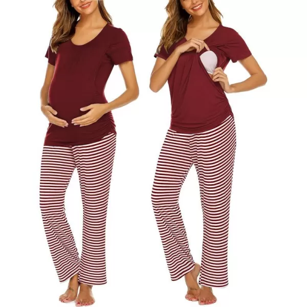 Ekouaer Womens Maternity Nursing Pajama Set Breastfeeding Sleepwear Set Double Layer Short Sleeve Top amp Pants Pregnancy PJSAwine Red Stripe