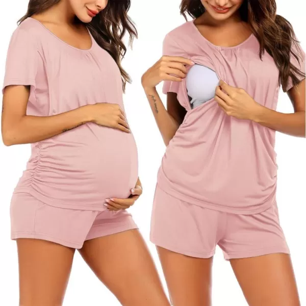 Ekouaer Womens Maternity Nursing Pajama Set Breastfeeding Sleepwear Set Double Layer Short Sleeve Top amp Pants Pregnancy PJSB  Dirty Pink