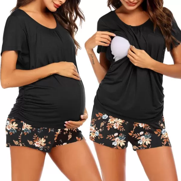 Ekouaer Womens Maternity Nursing Pajama Set Breastfeeding Sleepwear Set Double Layer Short Sleeve Top amp Pants Pregnancy PJSB  Floral Black