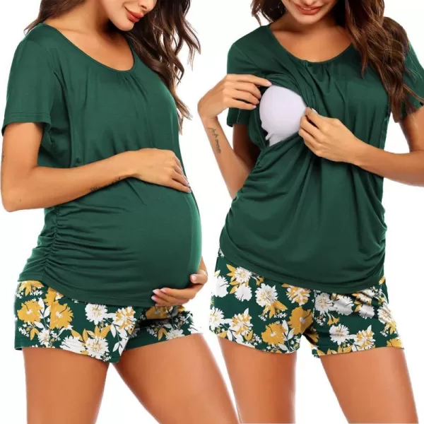 Ekouaer Womens Maternity Nursing Pajama Set Breastfeeding Sleepwear Set Double Layer Short Sleeve Top amp Pants Pregnancy PJSB  Floral Dark Green