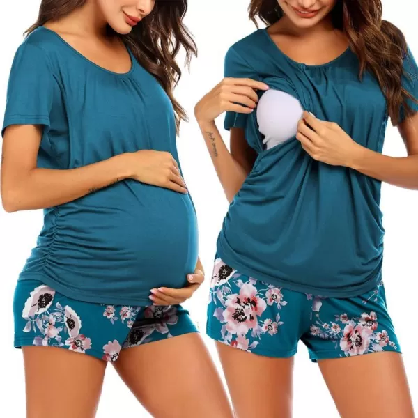 Ekouaer Womens Maternity Nursing Pajama Set Breastfeeding Sleepwear Set Double Layer Short Sleeve Top amp Pants Pregnancy PJSB  Floral Teal