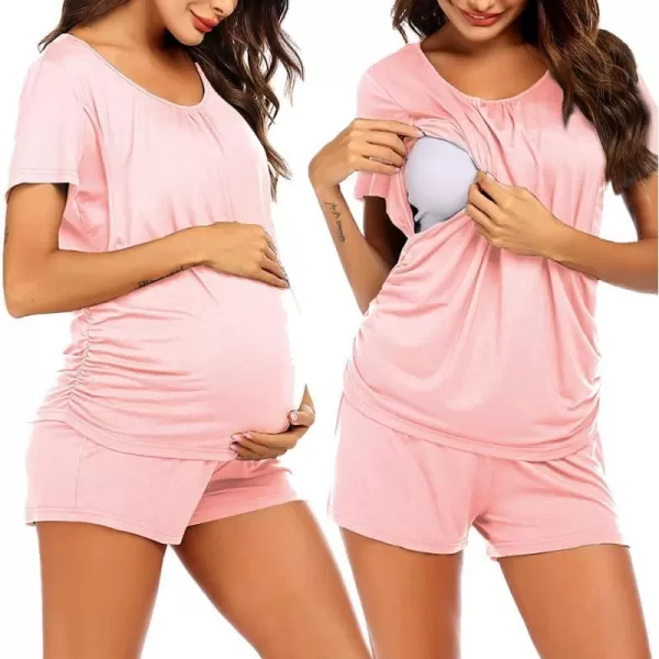 Ekouaer Womens Maternity Nursing Pajama Set Breastfeeding Sleepwear Set Double Layer Short Sleeve Top amp Pants Pregnancy PJSB  Pink