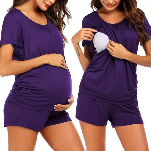 Ekouaer Womens Maternity Nursing Pajama Set Breastfeeding Sleepwear Set Double Layer Short Sleeve Top amp Pants Pregnancy PJSB  Purple