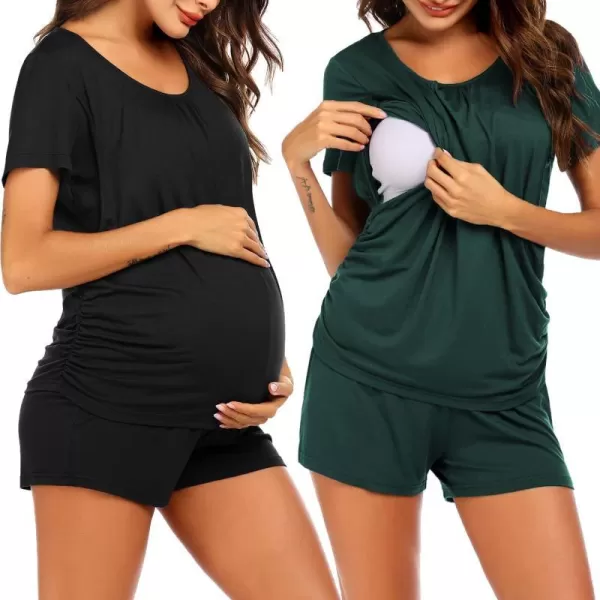 Ekouaer Womens Maternity Nursing Pajama Set Breastfeeding Sleepwear Set Double Layer Short Sleeve Top amp Pants Pregnancy PJSB2pc BlackDark Green