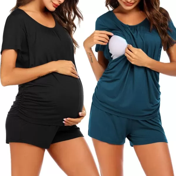 Ekouaer Womens Maternity Nursing Pajama Set Breastfeeding Sleepwear Set Double Layer Short Sleeve Top amp Pants Pregnancy PJSB2pc BlackTeal