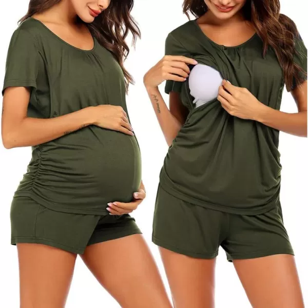 Ekouaer Womens Maternity Nursing Pajama Set Breastfeeding Sleepwear Set Double Layer Short Sleeve Top amp Pants Pregnancy PJSBarmy Green